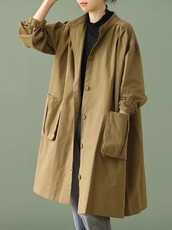 

Loose Long Sve Windbreaker Autumn Winter Pure Color Coat with Big kets Women's Sweet Sle Faion Outerwear Coat