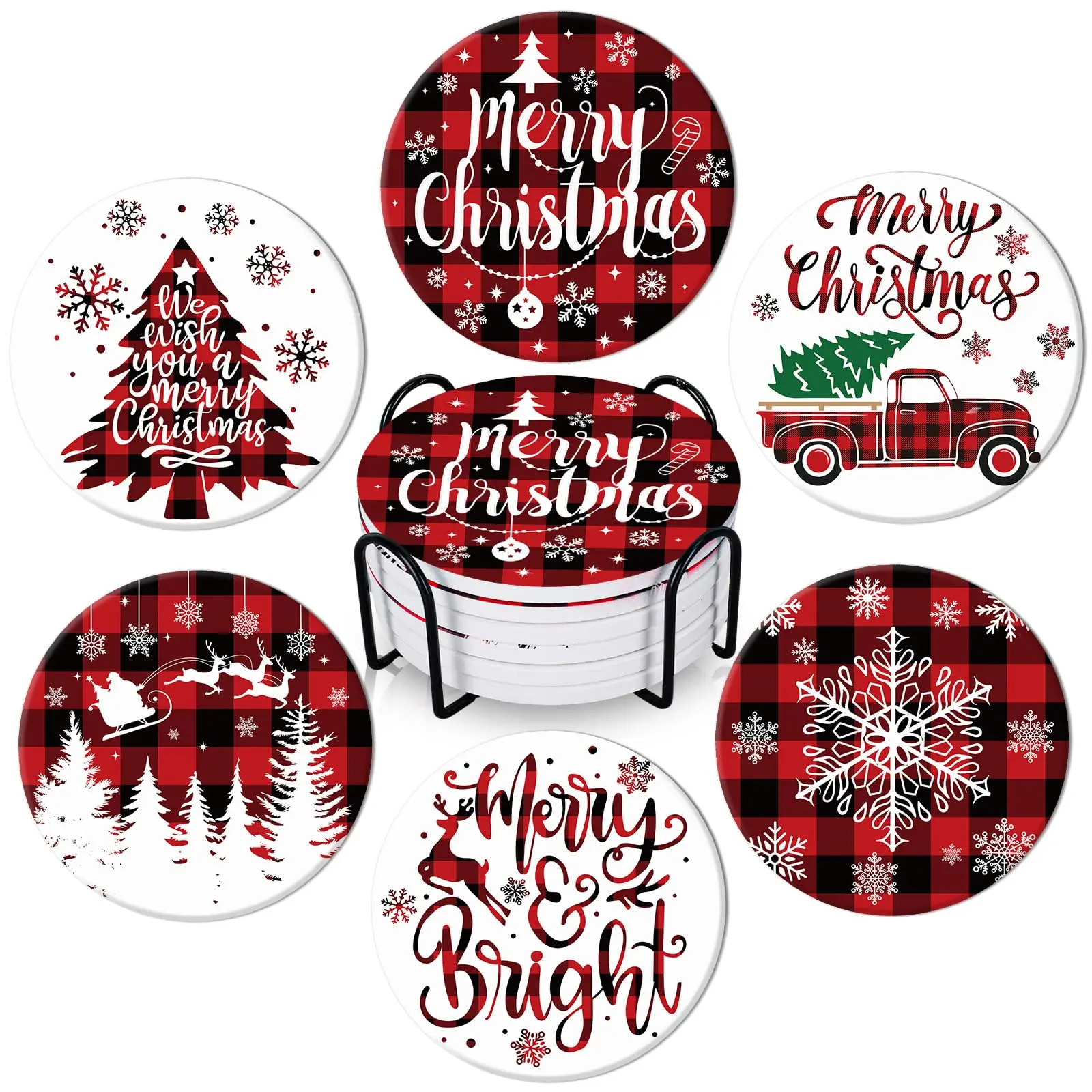 Set of 6 Christmas Coasters with Metal Stand Christmas Tree Gnome Coasters Ceramic Coasters for Home Kitchen Table Decoration