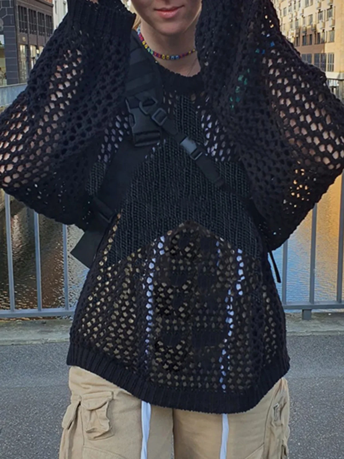 Top da donna in lana con prospettiva cava lavorata a maglia, casual, lungo, ultra sottile, da strada, vestibilità ampia, rotondo