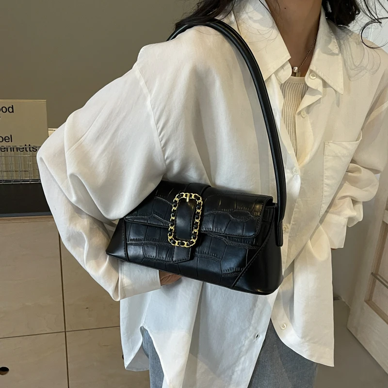 LEFTSIDE Belt Buckle PU Leather Small Stone Pattern Silver Handbag Shoulder Bag for Women Lady 2024 New Fashion Underarm Bag