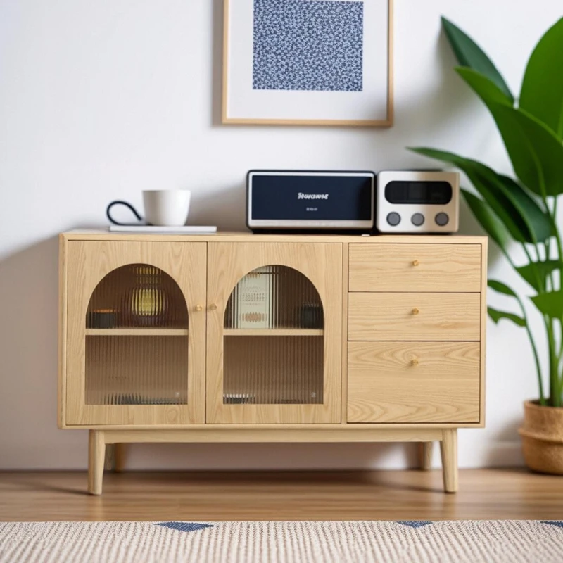 

Double door, three drawers, ash wood dining side cabinet, Japanese log style, cream style, all solid wood storage locker