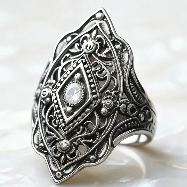 Anillo étnico bohemio tallado rombo verde negro mujer 2026