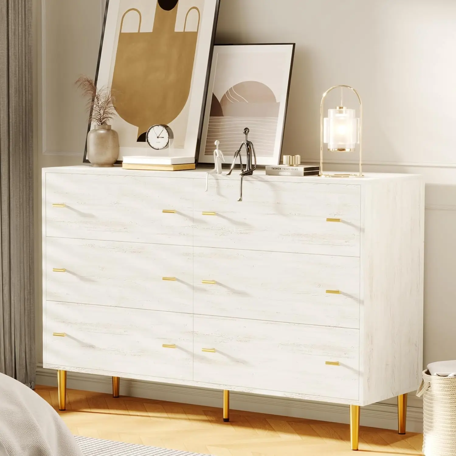 

Комод с 6 ящиками для спальни, белый комод шириной 47,2 дюйма, деревянный комод в деревенском стиле с большими ящиками и барными ручками,