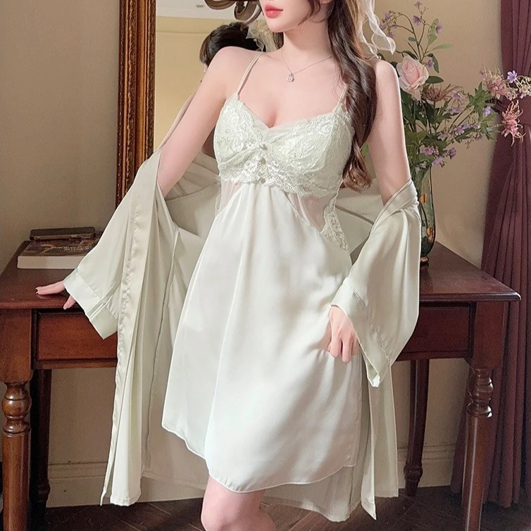 

Two Piece Bathrobe Gown Suit Women Silky Satin Sleepwear Nightgown Lady Lace Robe Set Spring Summer Kimono Nightdress Loungewear