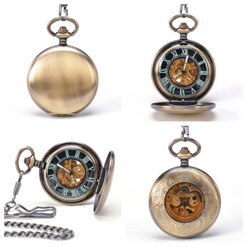 Mechanical pocket watches men's pocket watches know chain flip retro transparent cover carved men's and women's pocket watches.