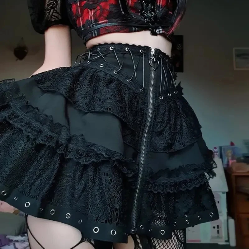 

American Gothic Punk Lace Cake Skirt Tie Patchwork Chic Studded Skirt Black Street Harajuku Y2K High Waist Lolita Skirt
