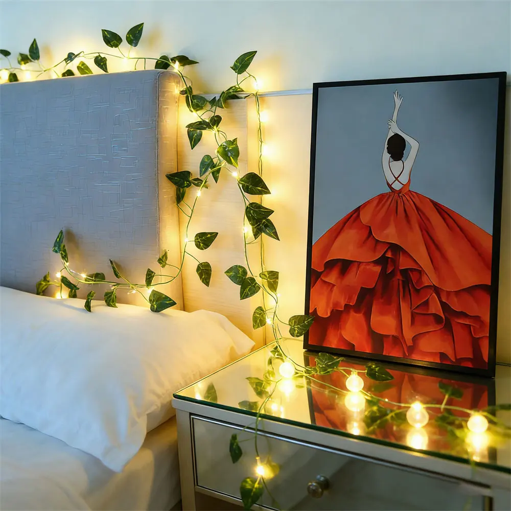 LED Green Rattan Leaf Fairy Light String Battery Power Outdoor Garden Wedding Ramadan Home Room Decoration Holiday Garland Lamp