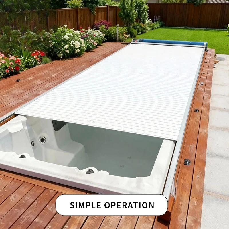 Cubierta para piscina de lamas de aleación de aluminio con aislamiento térmico, caja de protección de PVC para almacenamiento.