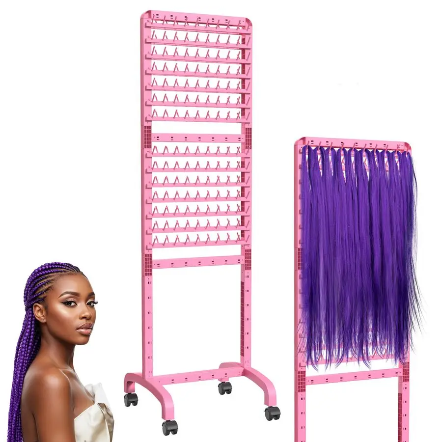 Braiding Rack 280 Pegs, 2Sided Braiding Hair Rack for Braiders, Standing with Wheels, Pink Hair Separator for Stylists