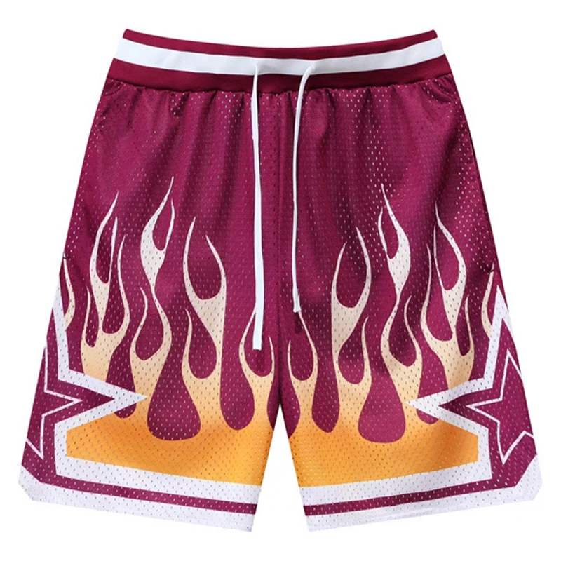 Mens Casual Shorts Mesh Breathable Flame Print Elastic Waist Short Fashion Loose GYM Basketball Sports Pants Unisex Streetwear