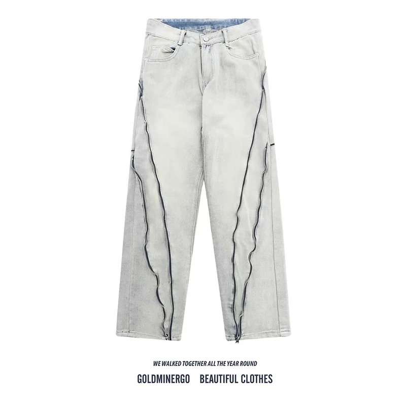 

Мужские джинсы American Vibe, дизайн High Street, прямые брюки свободного кроя с боковой молнией, повседневные длинные брюки, модные и стильные