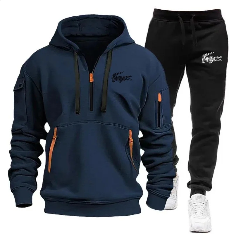 

2025 New Spring and Autumn men's multi-pocket zipper hoodie + sweatpants two-piece jogging leisure fitness sports clothing set