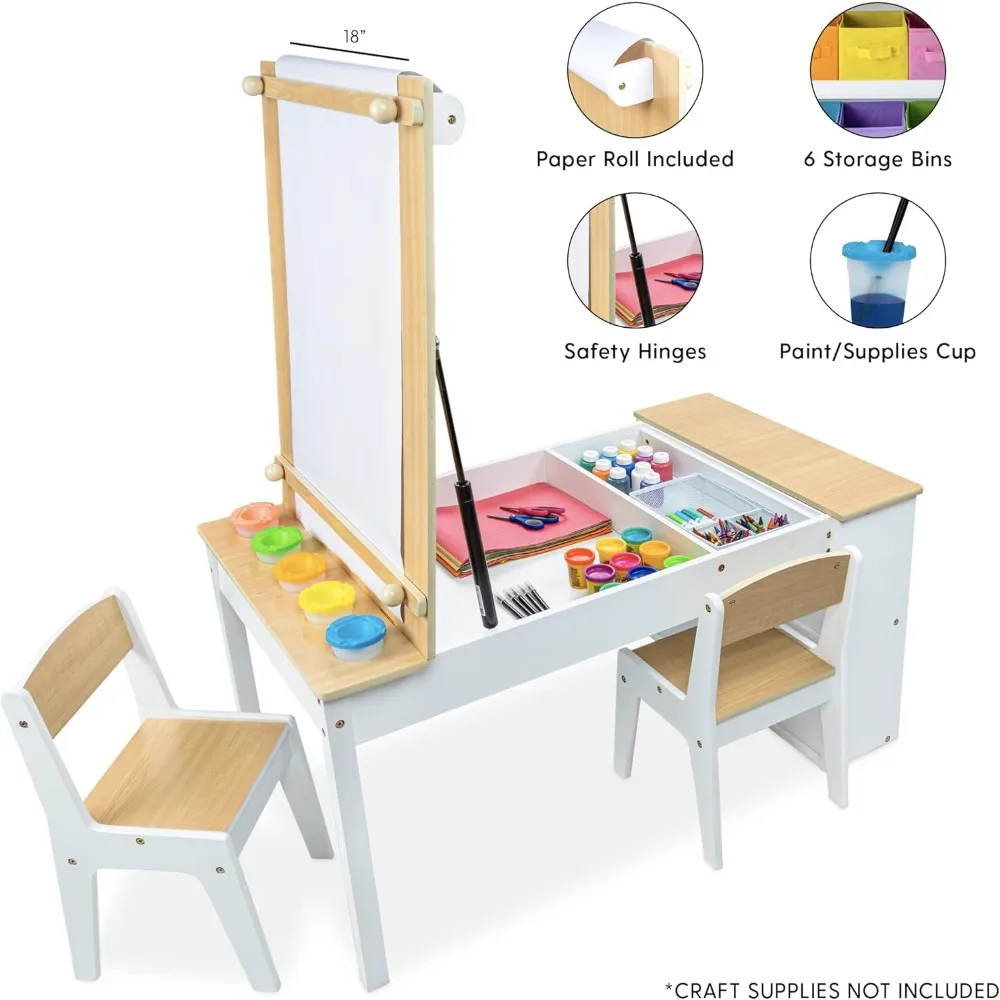 Children's Art Table with Playroom Chairs, Toddler Crafts and Play Wood Activity Table with Storage Bins and Paper Rolls