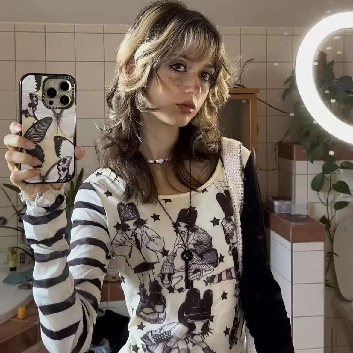 Y2K Nähte Asymmetrische Lange Ärmel Harajuku Gothic Graffiti Design Sterne Streifen Grafik Slim Fit Tops Sexy Hot Girl Kleidung