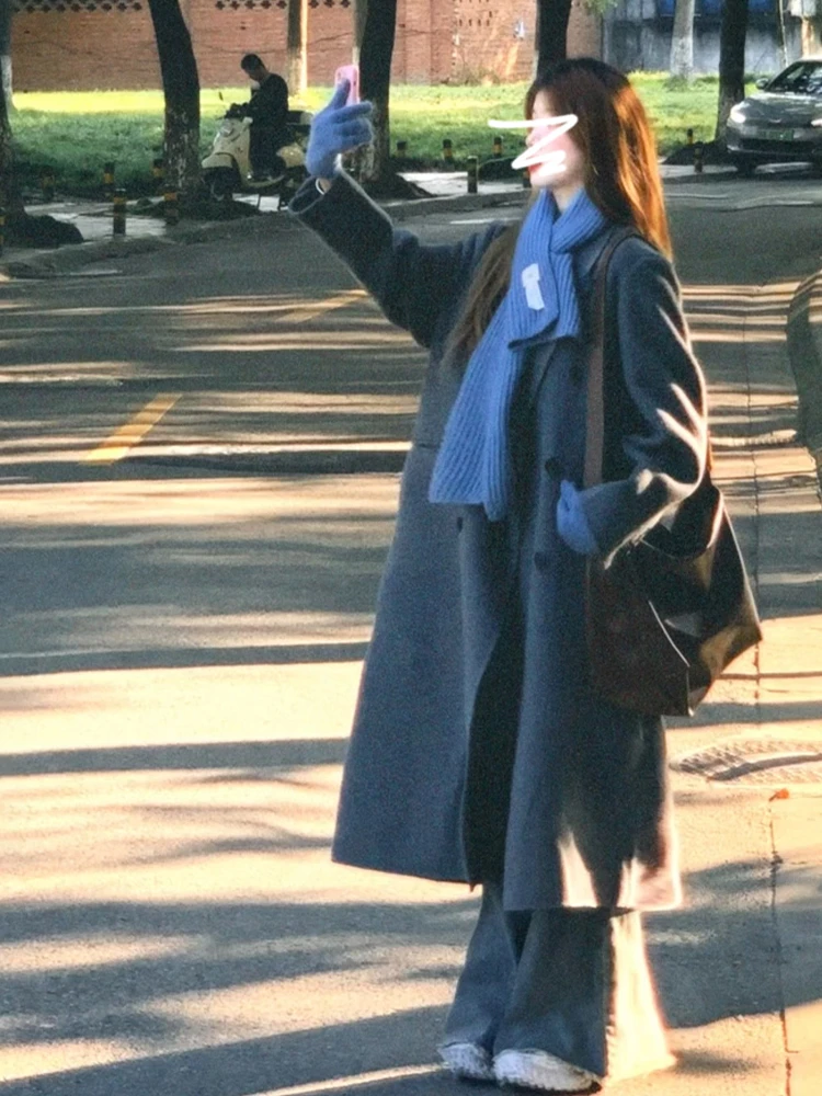 

Корейское шерстяное пальто для женщин, осенне-зимнее, утепленное, средней длины, верхняя одежда, прямой крой, из смесового полиэстера