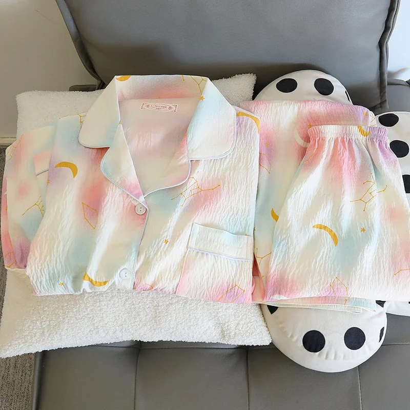 Autumn Women Two Pieces Pajamas Set Sweet Cute Cardigan Pijamas Girl Cloud Cotton Sleepwear Student Korean Fashion Home Clothes