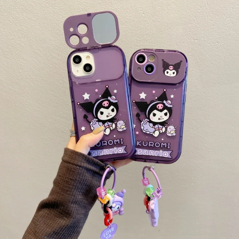 Kawaii Kuromi Kawaii składane etui na telefon Iphone 11 12 13 14 15 Pro Max PLUS z lalek wisiorki ozdoby lusterko do makijażu