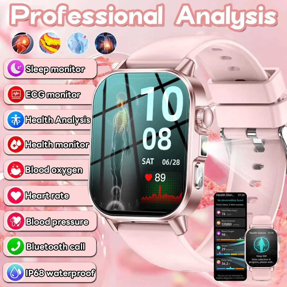 

Смарт-часы для женщин и мужчин с функциями ECG+PPG, AMOLED HD-экраном, водонепроницаемостью, измерением давления и звонками по Bluetooth, для отслеживания состояния здоровья и компонентов крови (уровень глюкозы, толщина стенок сосудов)