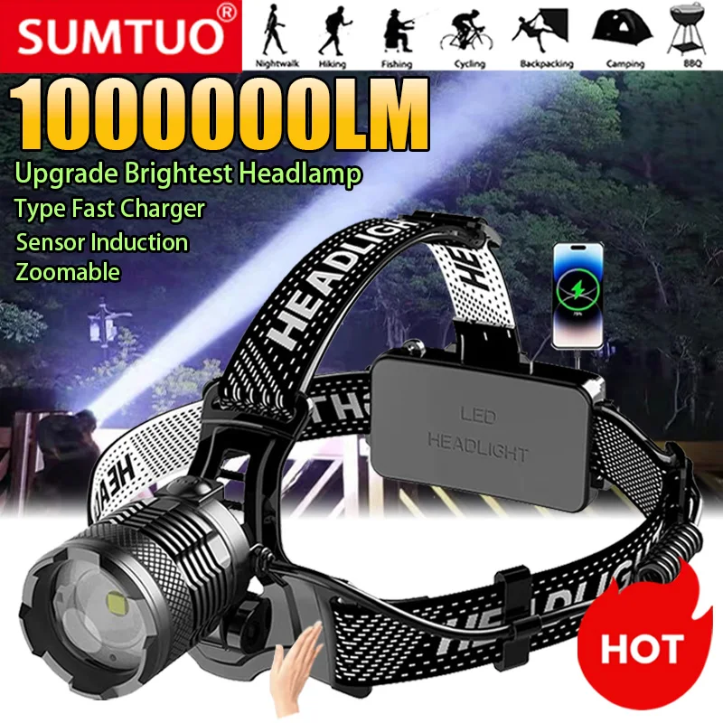 1000000LM Powerful Headlamp 800W Led Sensor Head Flashlight Long Range Headlight 18650 Rechargeable Head Lantern Fishing Camping