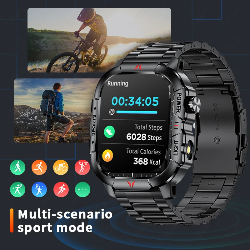 LIGE Smart Watch LED Flashlight Men Waterproof Watches 2.01-inch HD Screen Health Bracelet Military Outdoor Sport Smartwatch Man