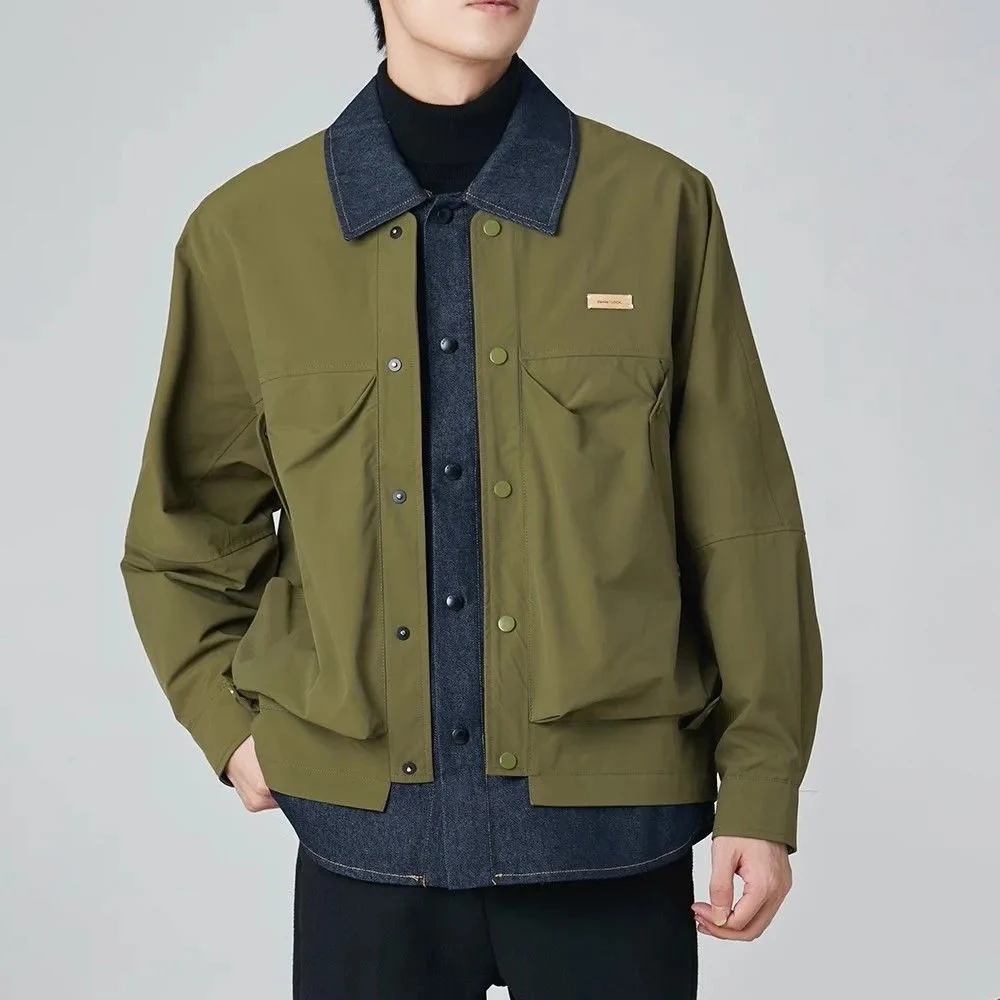 Mens High-Grade Denim Patchwork Jacket Coat Spring And Autumn New Fashion Trend Loose Lapel Fake Two-Piece Workwear Tops Men