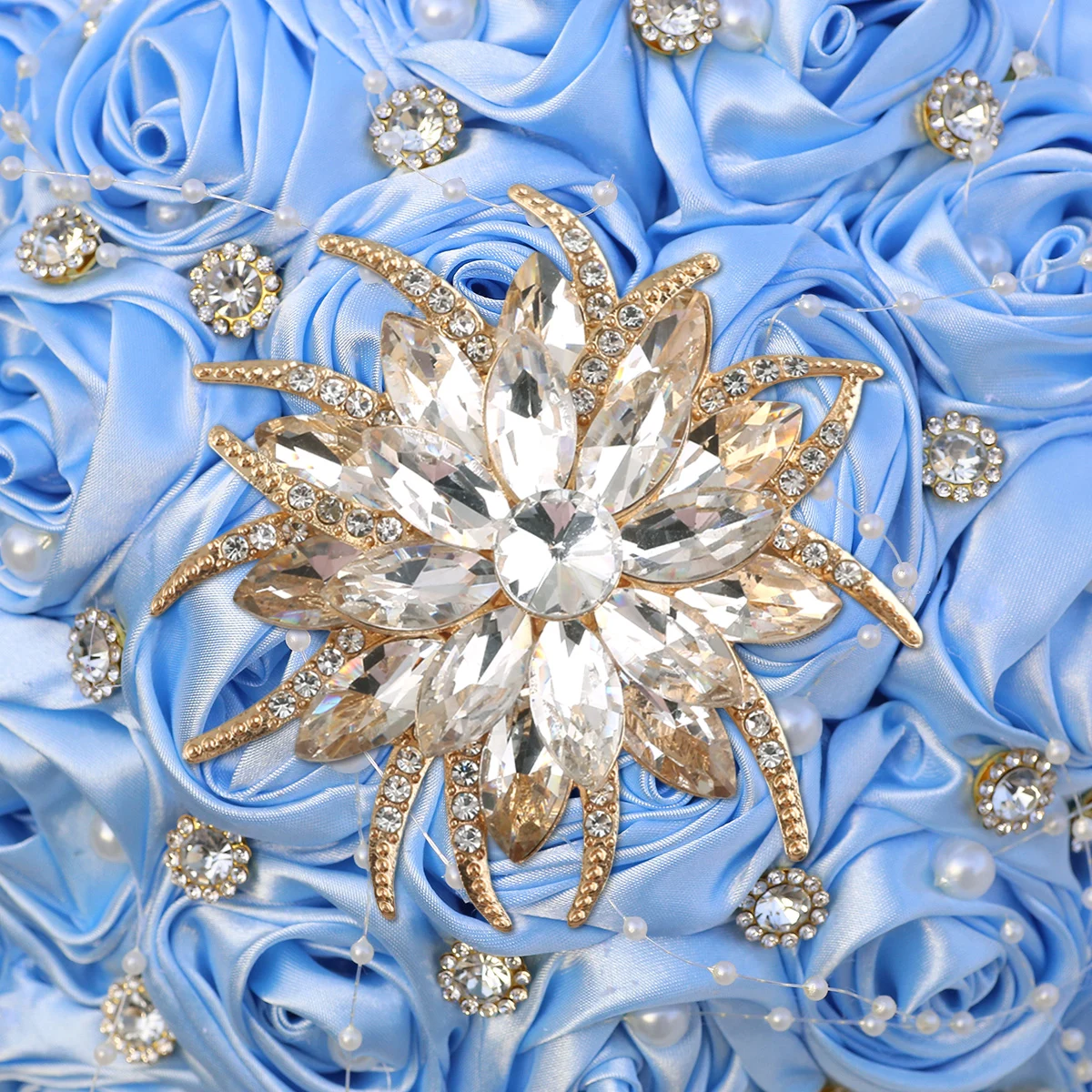 Bouquet de Mariage Luxueux Bleu Clair avec Strass Dorés, Élégant, avec Perles, pour Mariée et Demoiselle d'Honneur, W0707G