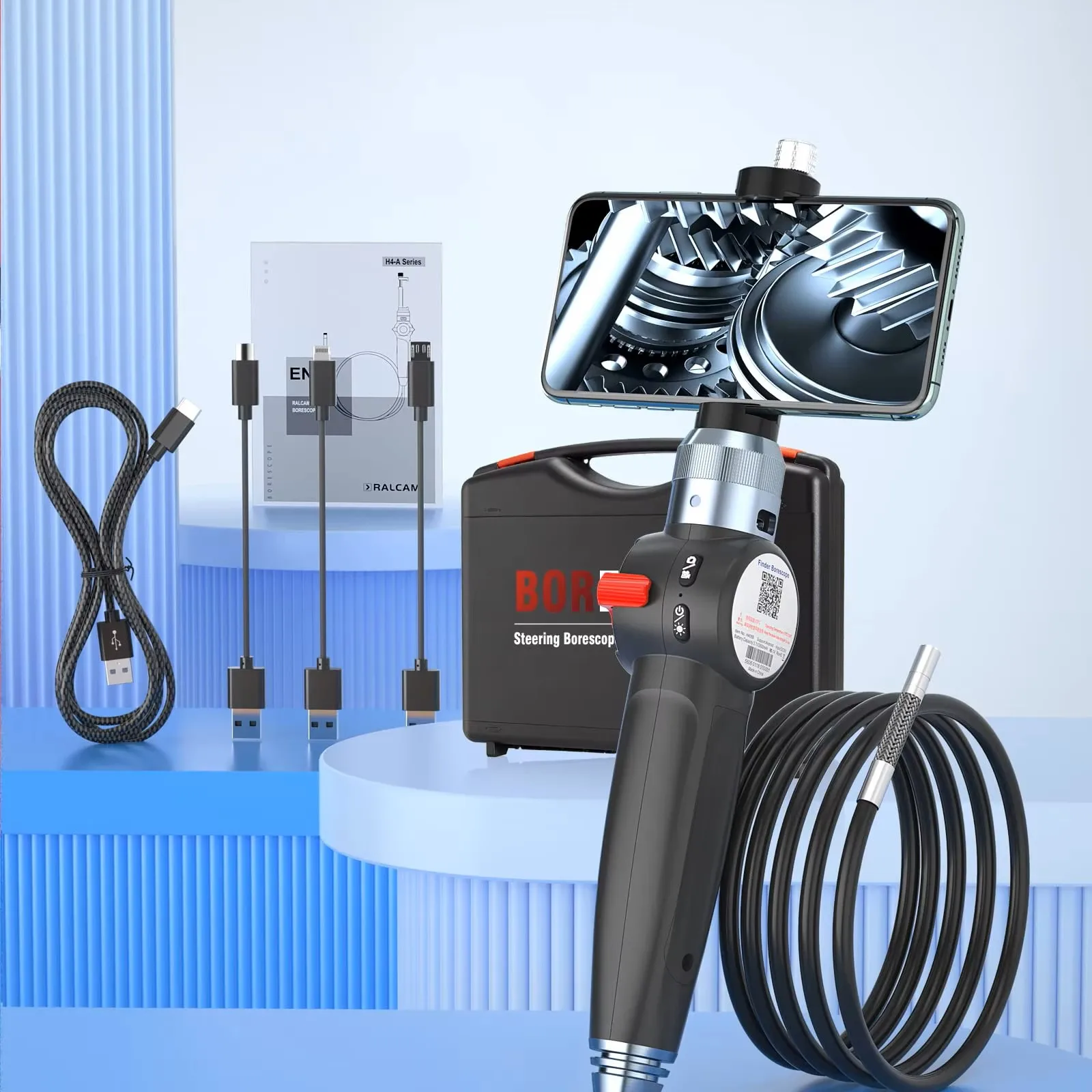 Ralcam 2-Way Articulating Borescope، كاميرا المنظار عالية الدقة 6.2 مم 1080 بكسل مع 6 مصابيح LED، كاميرا فحص صناعية لنظام IOS وAndroid