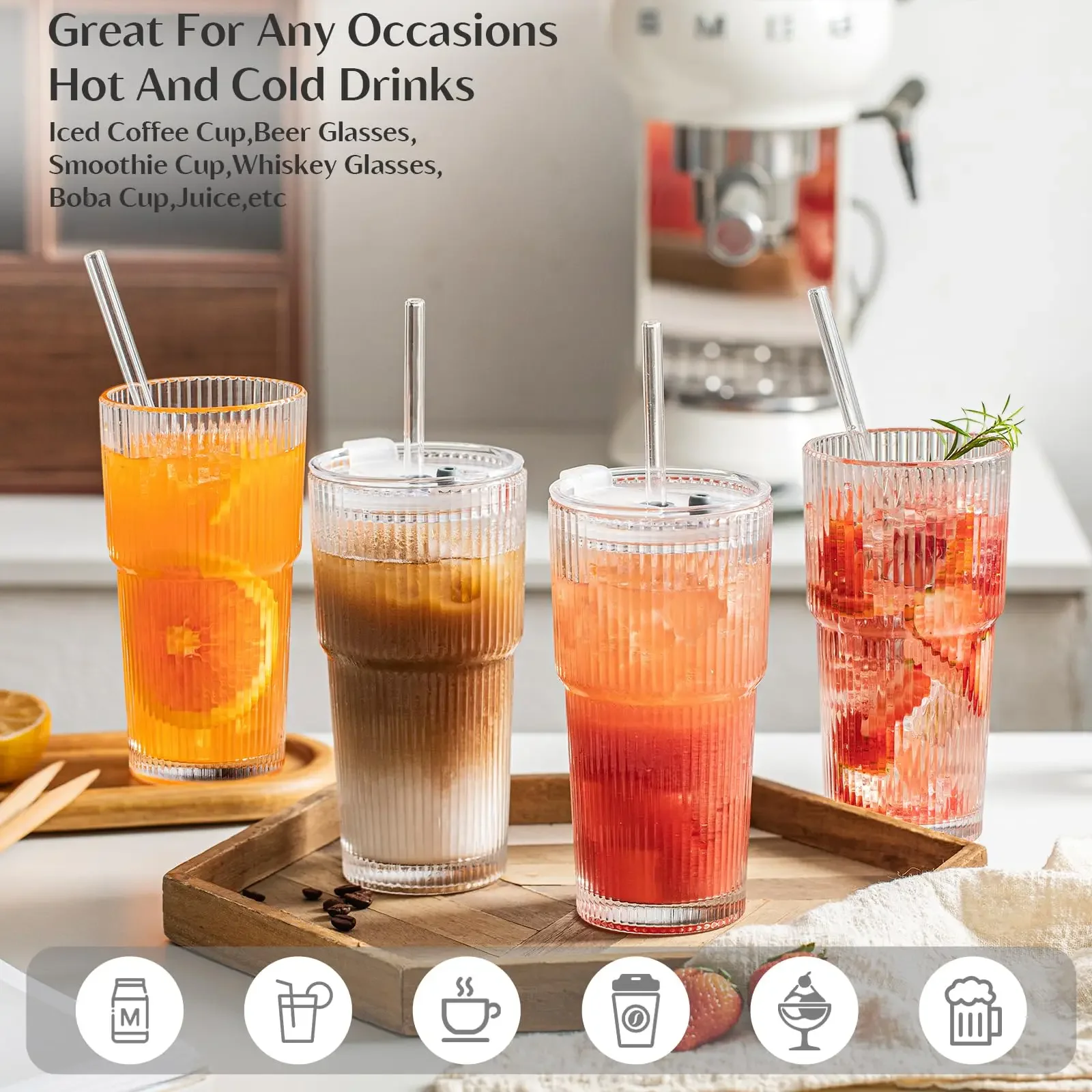 600ml Stripe Glass Cup Glass Tumbler with Lid & Straw Brush Tools Set for Juice Water and Iced Coffee Cups Mug Drinkware