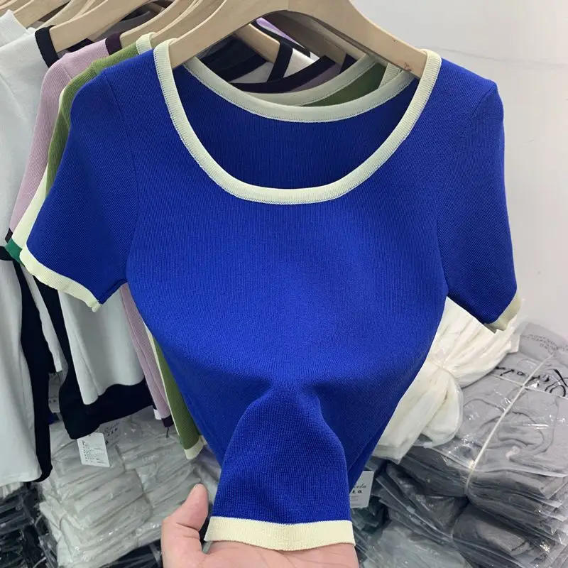 Contrast Color Ice Silk Short Sleeve T-shirt Women\'s Summer New 2024 Sweet Knit Base Shirt Small Short Top Green