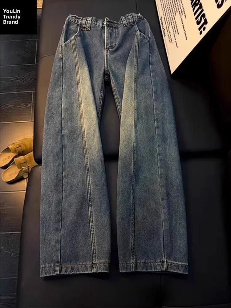 

American Retro Thiened Fce Lined Straight Leg Loose Fit Workwear Jeans High Waist Zipper Closure Casual Daily Jeans