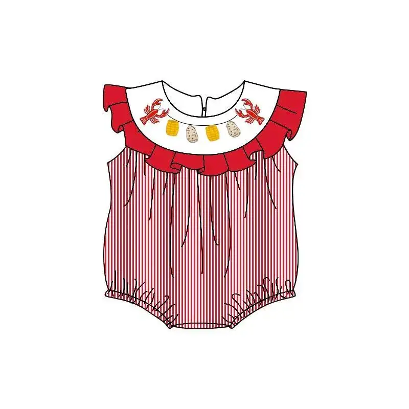 New hot sale Baby clothes Girl style Short-sleeved shorts suit Crawfish corn potato pattern Red striped fabric