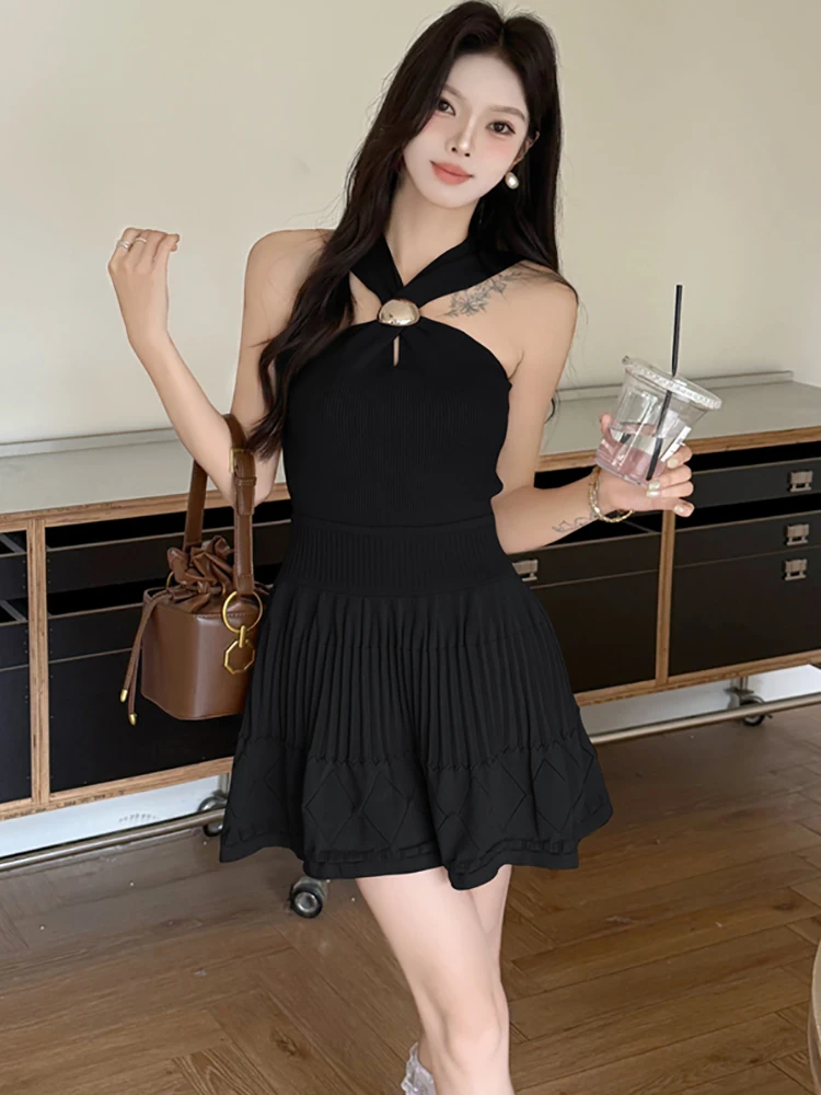 Summer Black Knitted Chic Screw Thread Short Dress Women Elegant Neck-mounted Dresses 2026 Korean Bodycon Party Dress and Events