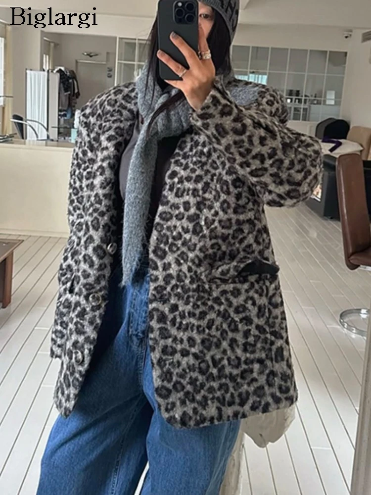 

Осенне-зимнее пальто из овечьей шерсти, женские леопардовые принты, модные женские куртки в корейском стиле, свободные повседневные женские пальто