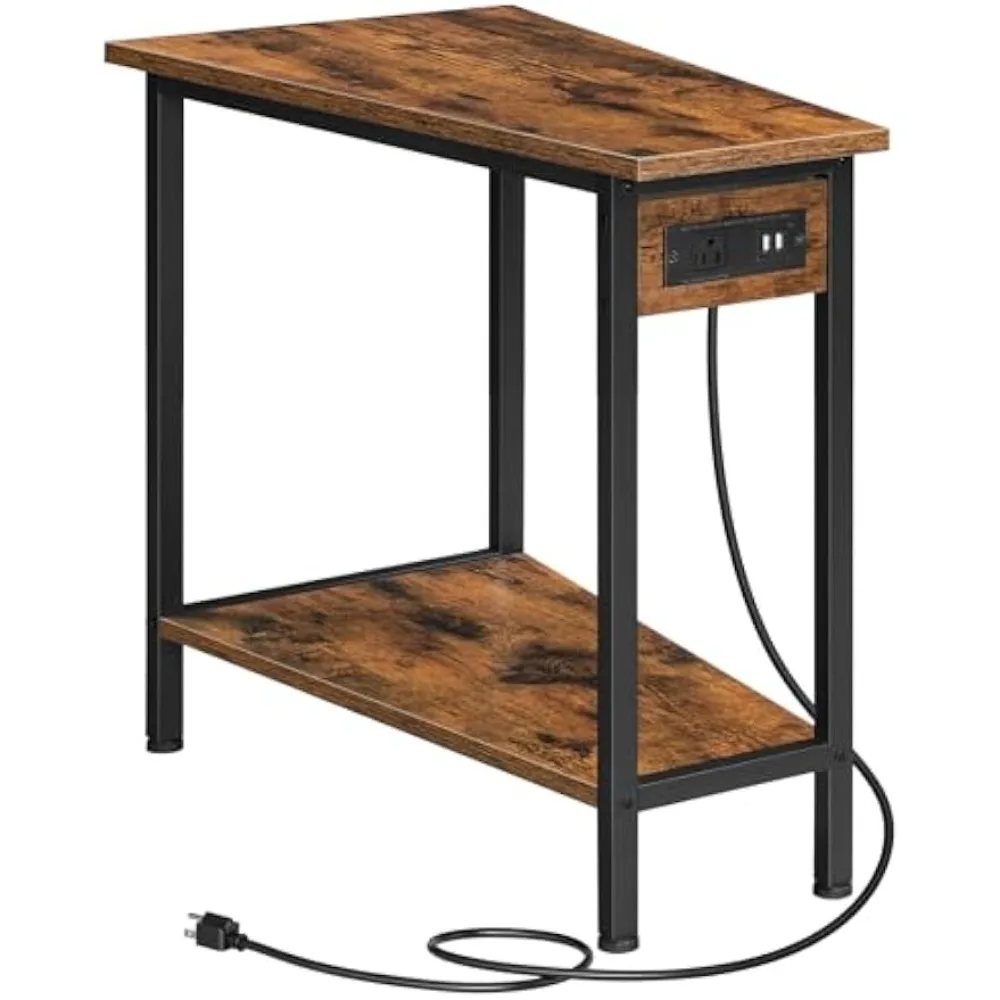 HOOBRO Wedge End Table with Charging Station, Recliner Wedge Side Table with Open Storage Shelves, Industrial Triangle Accent Ta