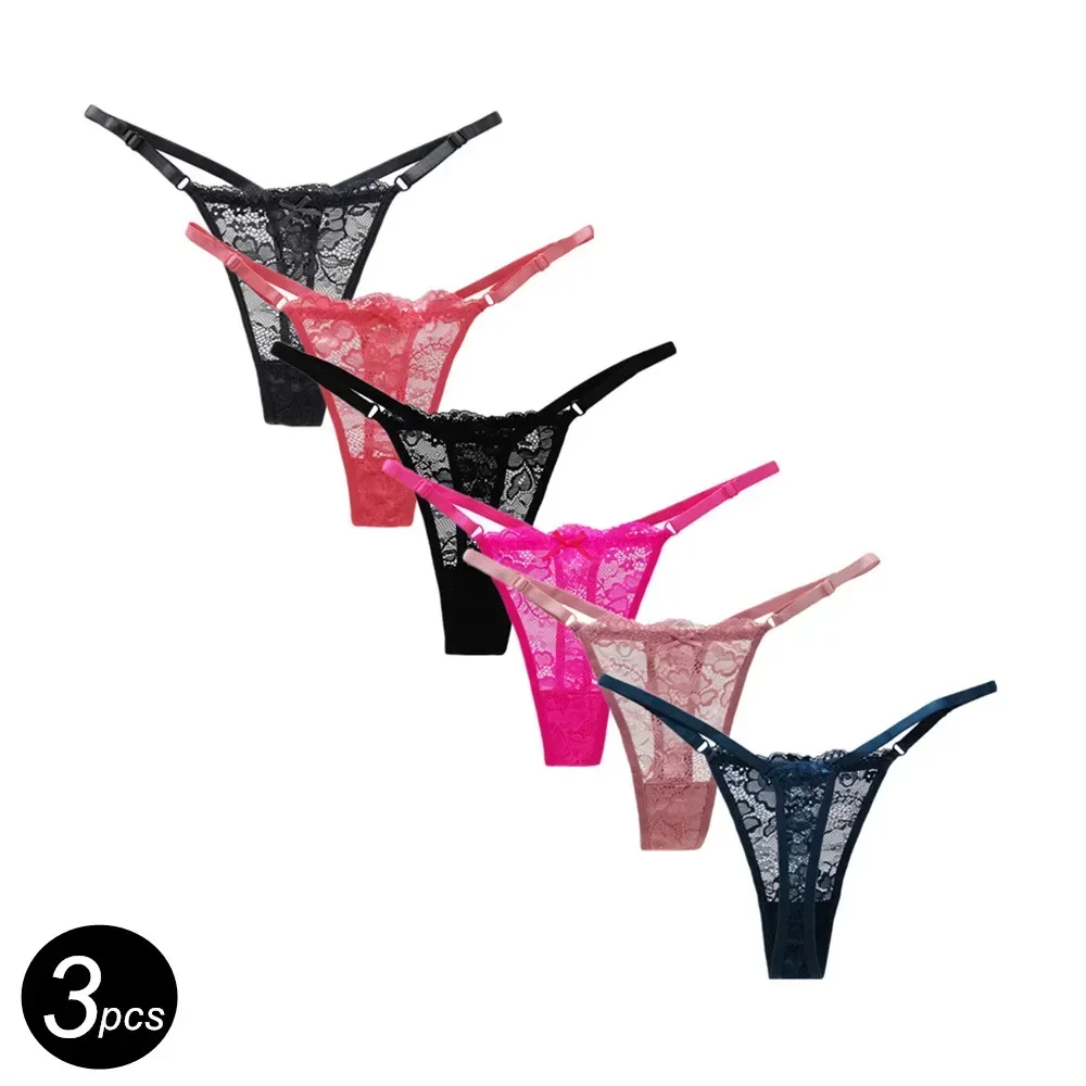 3pcs/set Adjustable Strap Mesh Thong and G String Women's Sexy Low Waist Seamless Underwear See Through Female Underpants