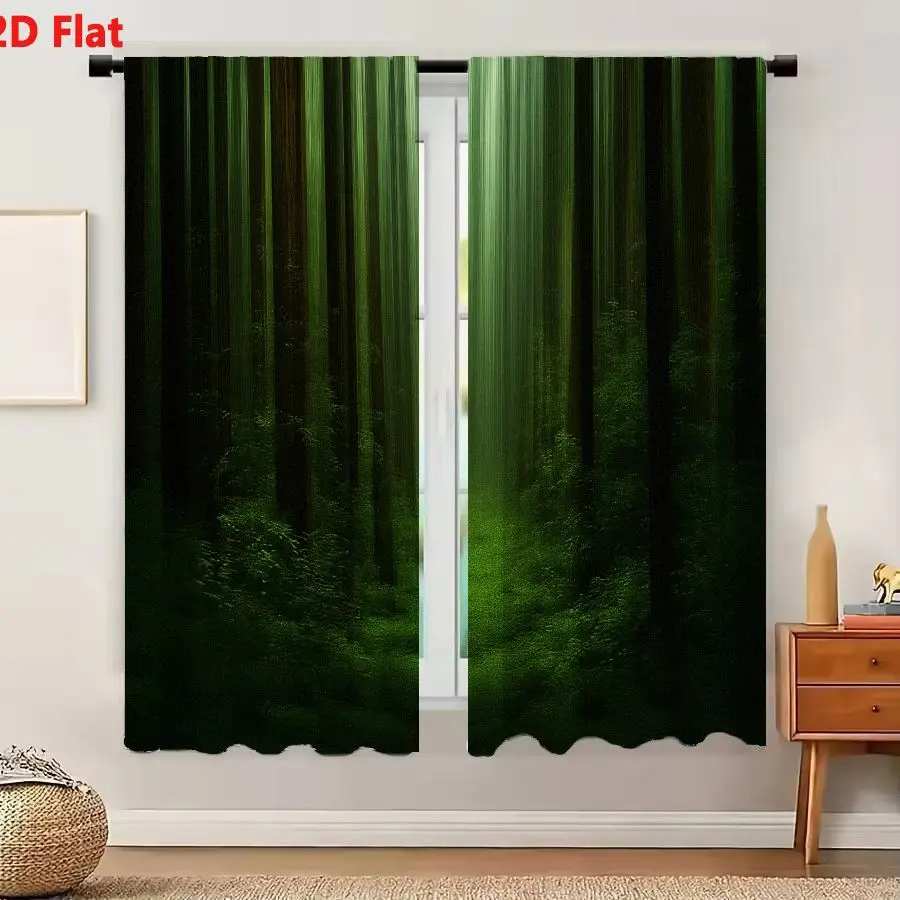 2Pcs Curtains 2D Flat Dense Mysterious Forest With Ethereal Green Glow And Luminous Center Window Drapes for Bedroom Room Decor