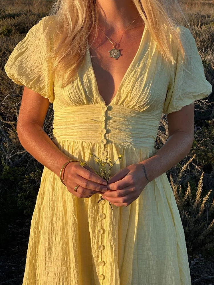 V-neck Yellow Puff Sleeve Split Solid Summer Women Dress 2025 A-line Maxi Long Sundress Vestido Button Beach Dress Party