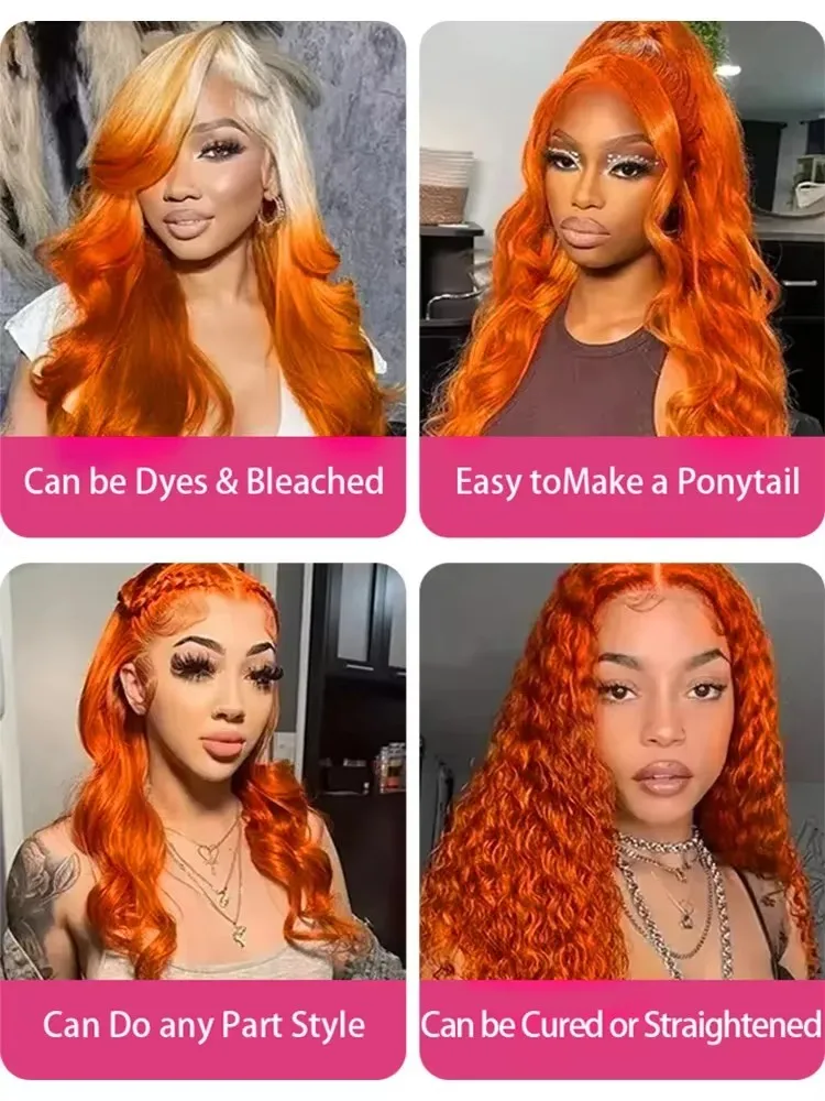 30 Inch Orange Ginger 13x4 Lace Front Wigs Human Hair Brazilian Ginger Body Wave 13x6 HD Lace Frontal Wig For Women 250 Density