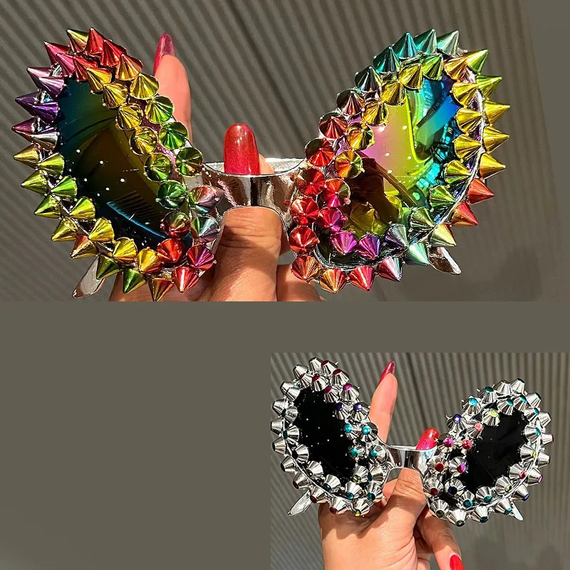 New Unique Rainbow Spike Alien Glasses Women Men Funny Festival Ball Style Party Goggles Cool Glasses Metal Chain Punk Eyewears