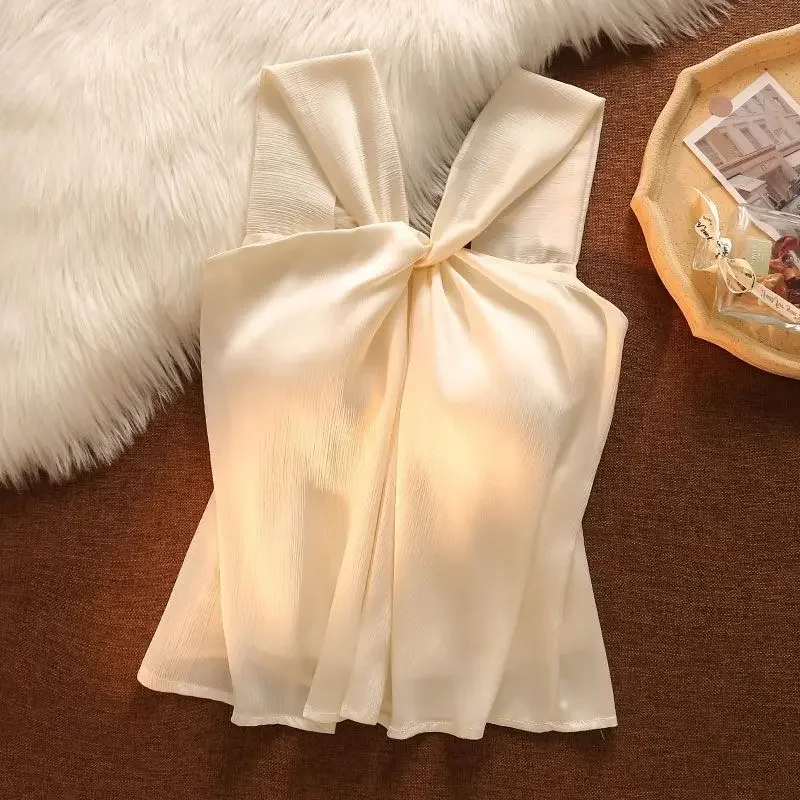 Simplicity Irregular Camisole Women Clothing Fashion Temperament Pleated Solid Color Top Tee Ladies All-match Tank Top XT846