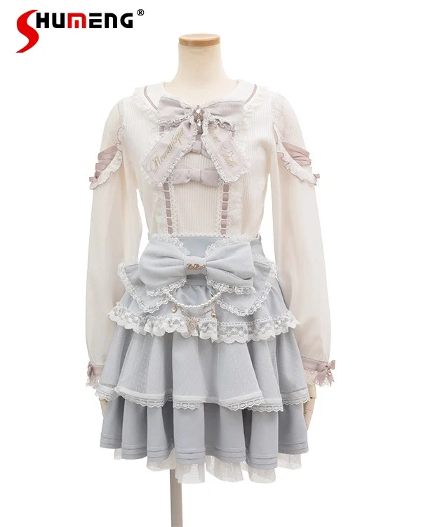 Lolita Mine Mass-Produced Knitwear Sweet Embroidered Bowknot Ribbon Knit Jumper Japanese Women Stap Skirts Femininas Elegantes