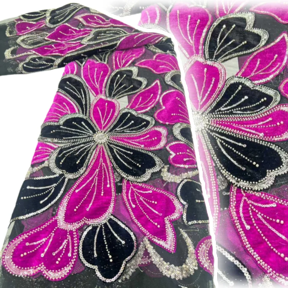

Розовая африканская кружевная ткань с бисером, 5 ярдов, французское кружево с пайетками и вышивкой из тюля для свадебных платьев, шитья, 2221