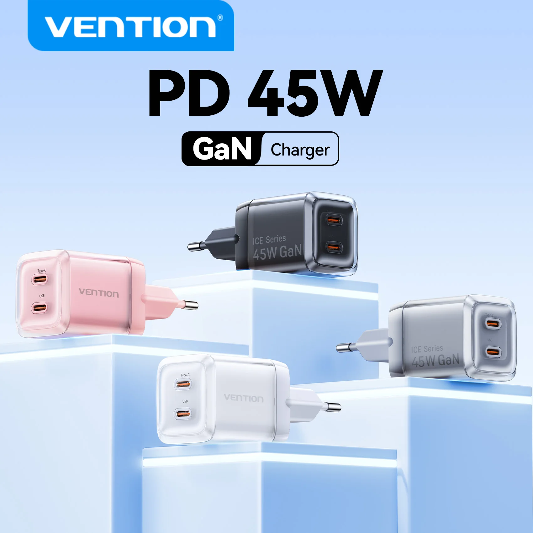 

Зарядное устройство Vention GaN, 45 Вт, вилка европейского/американского стандарта, PD QC3.0, зарядное устройство USB-C, быстрая зарядка для iPhone 17 16 15 Pro Max, зарядное устройство для ноутбука и телефона