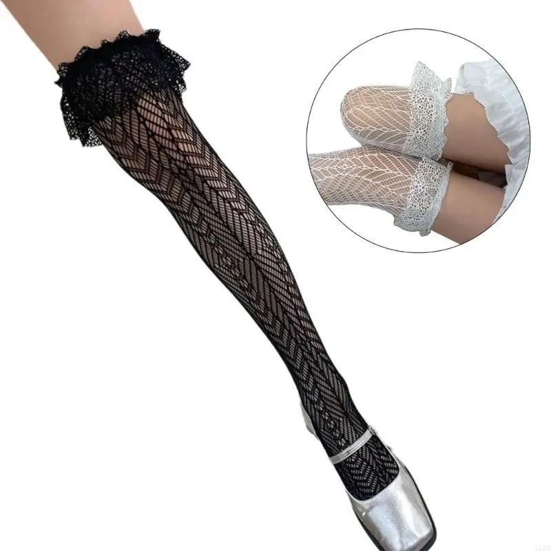 المرأة هندسية شبكة صيد السمك الفخذ العليا جورب كشكش الدانتيل فوق جوارب الركبة #6