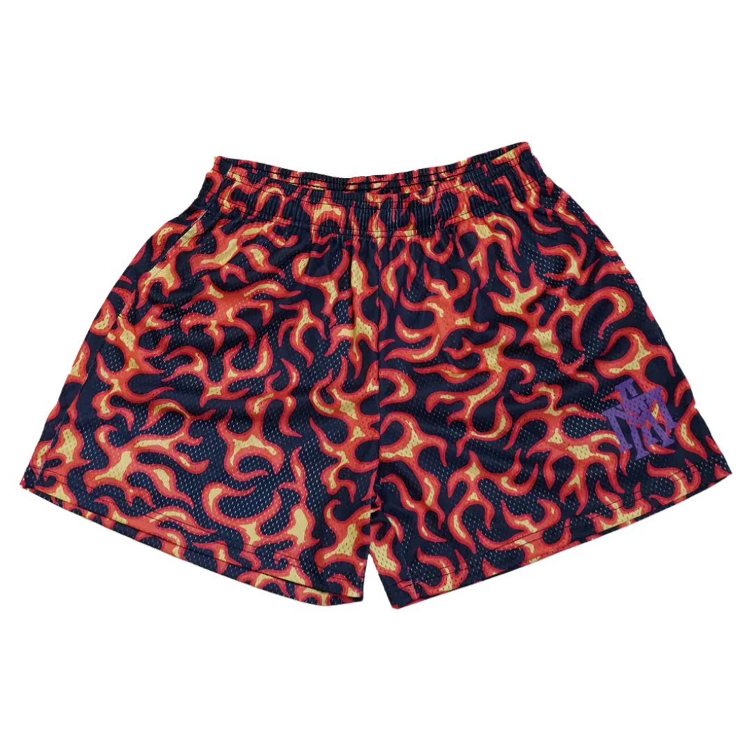 Men Flame Print Mesh Shorts Breathable Quick Dry Gym Basketball Running Hip Hop Y2K Loose Streetwear Summer Casual Moto Shorts