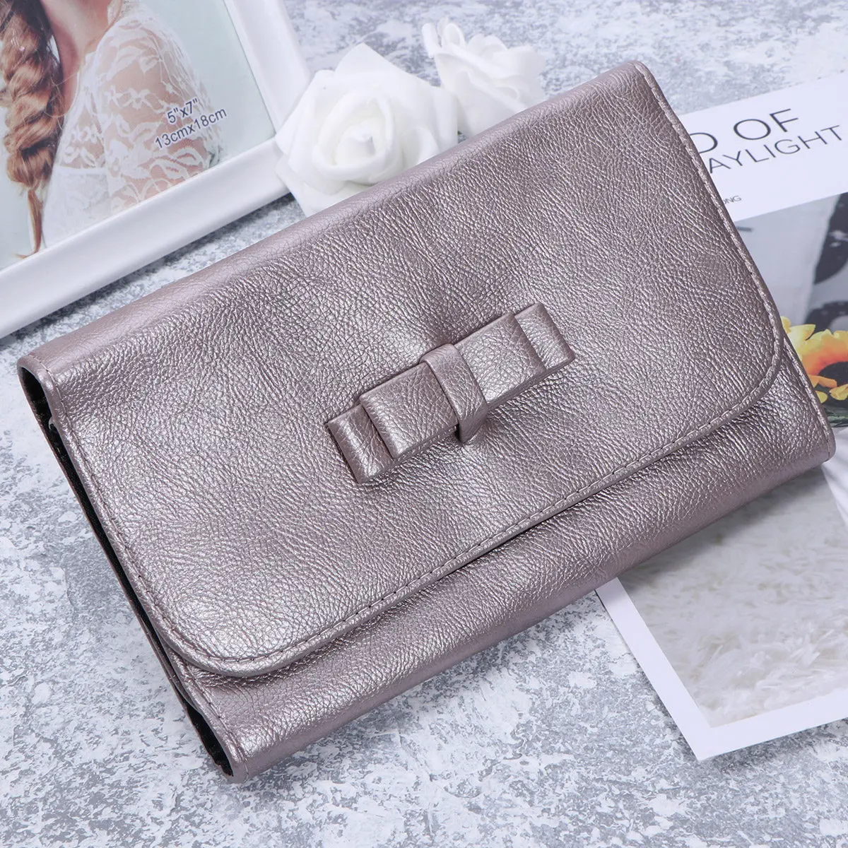 Folding PU Brush Bag Travel-Sized Makeup Brush Holder Organizer for Foundation Concealer Mascara Eyeliner Dusty