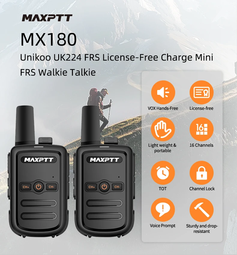Maxptt Walkie-Talkie, Small and Portable, Suitable for Construction Sites, Property Management, and Hotels, Black Mx180, 2 Units