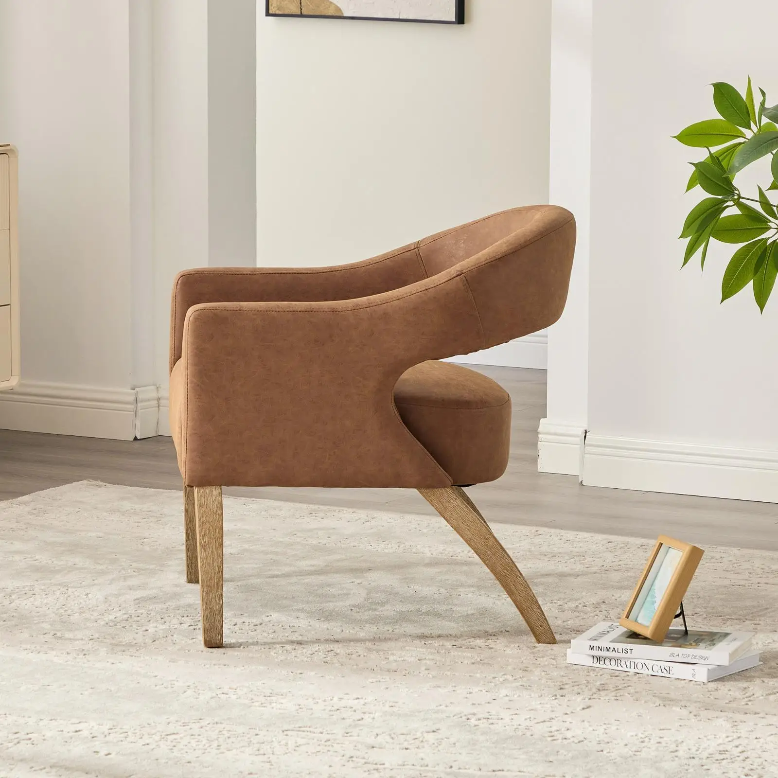

Modern PU Upholstered Armchair with Weathered Rubberwood Legs Accent Barrel Side Club Chair for Living Room Bedroom