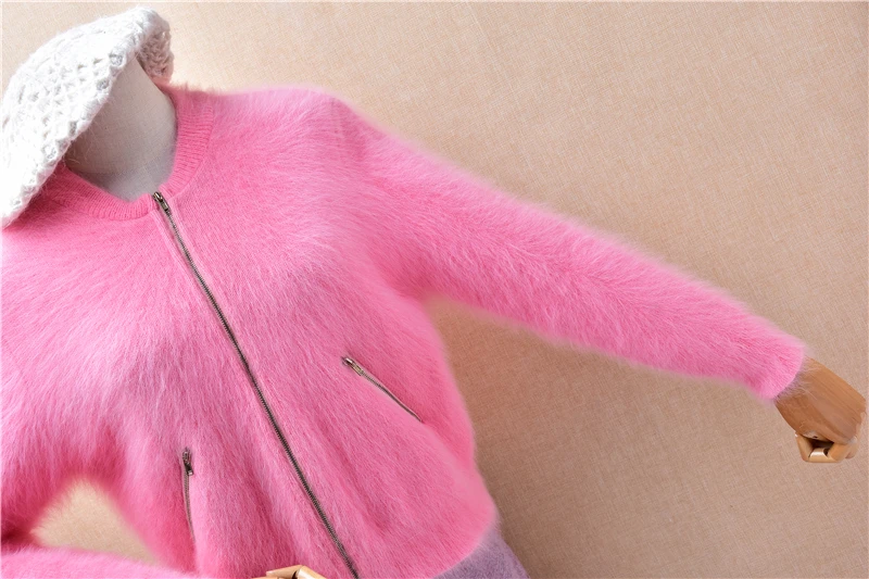 Ladies Women Autumn Winter Clothing Pink Hairy Mink Cashmere Knitted Zippers Long Sleeves Short Style Slim Cardigan Sweater Coat