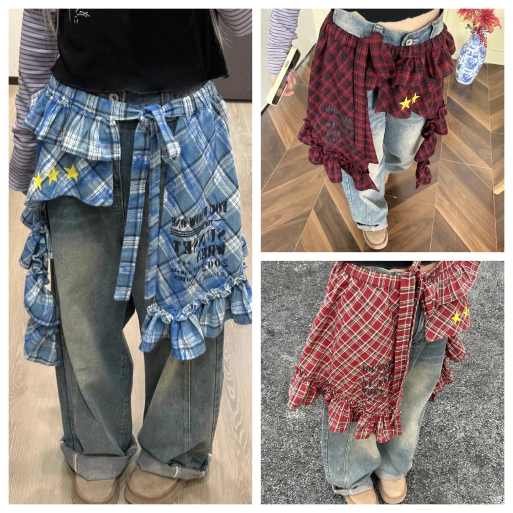 

Star Layer Outfits Plaid Skirt Shirt Extender Hip-hop Lace Up Hip Scarf Y2K Korean Style Ruffled Edge Waistband Streetwear